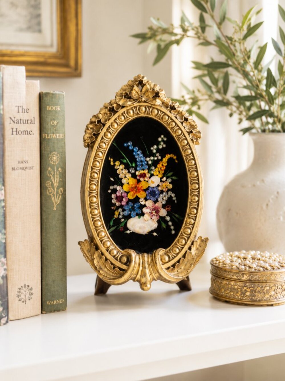 Vintage Handcrafted Seashell Floral Art | Ornate Gold Frame